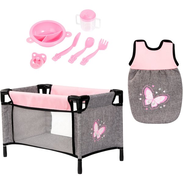 Bayer Puppenbett Puppen-Reisebett-Set (Set, 8tlg), inklusive Schlafsack, Teller, Trinkbecher, Besteck und Schnuller