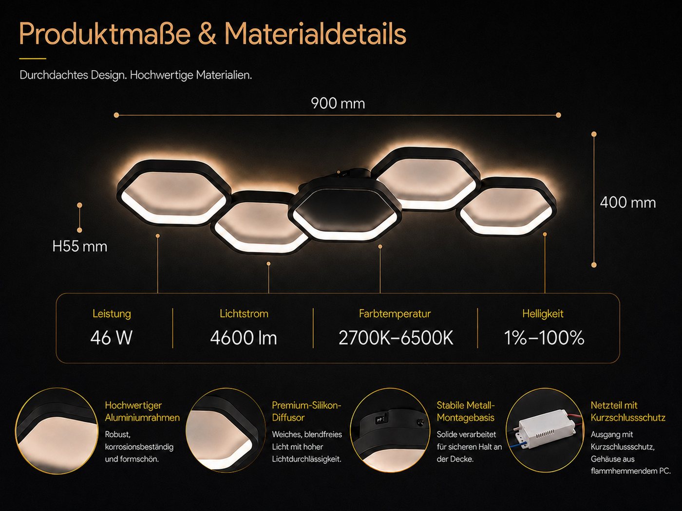 BAYHT LED Deckenleuchte Alexa Waben 90cm, LED fest integriert, Warmweiß - Kaltweiß, Schwarz dimmbar – Bild 4 von 5