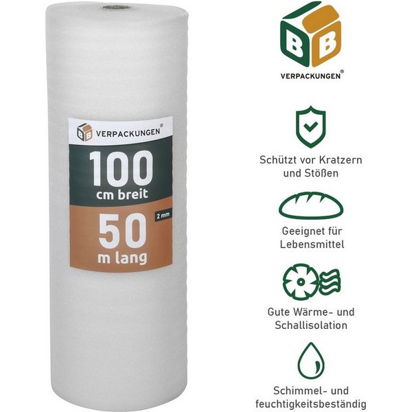 BB-Verpackungen Trittschalldämmfolie Trittschalldämmung 2 mm PE-Schaumfolie, 2 mm Stärke, 50 m²