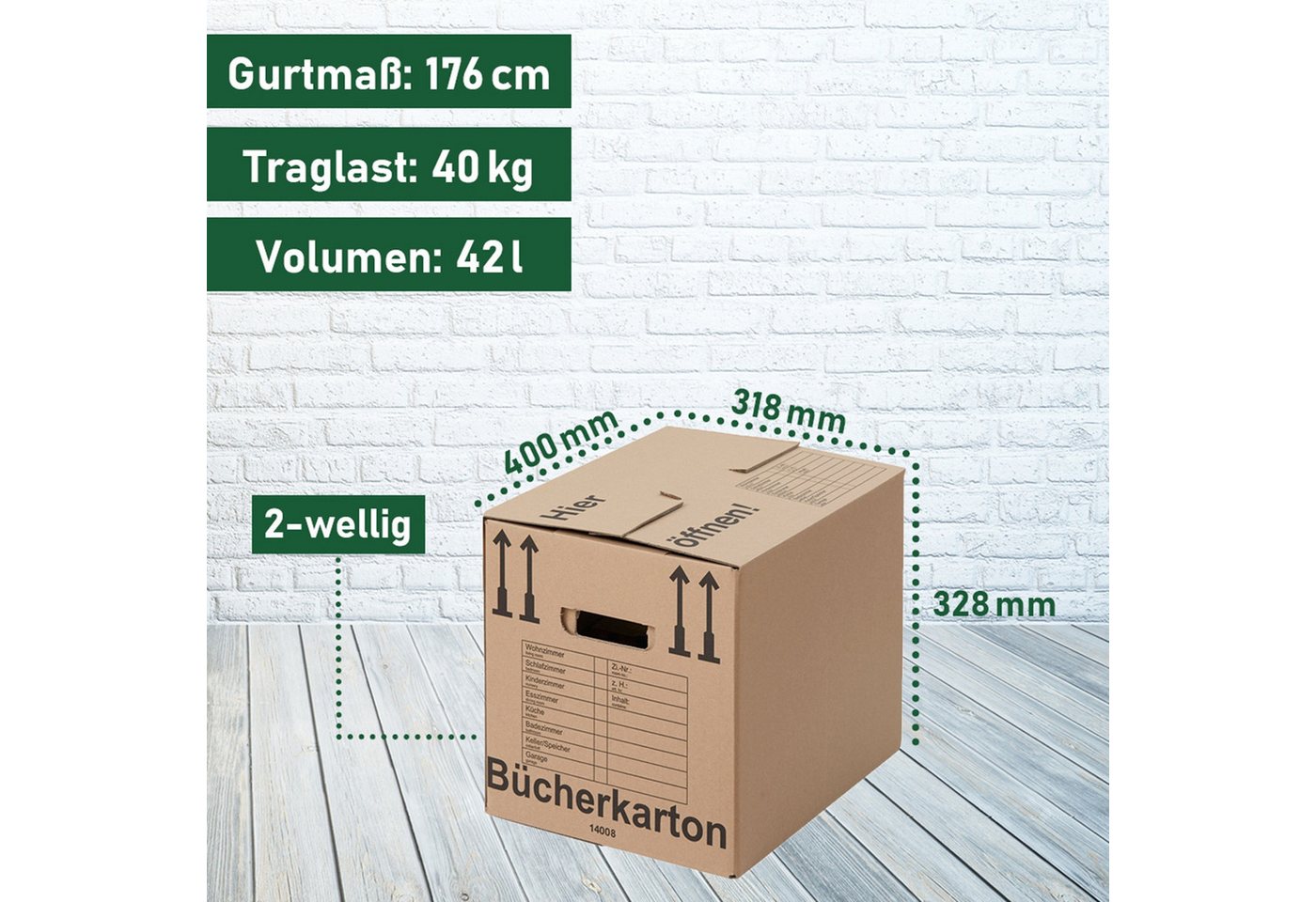 BB-Verpackungen Umzugskarton Bücherkarton Compact, 2-wellig, 40kg Traglast, 400 mm x 318 mm x 328 mm – Bild 3 von 5