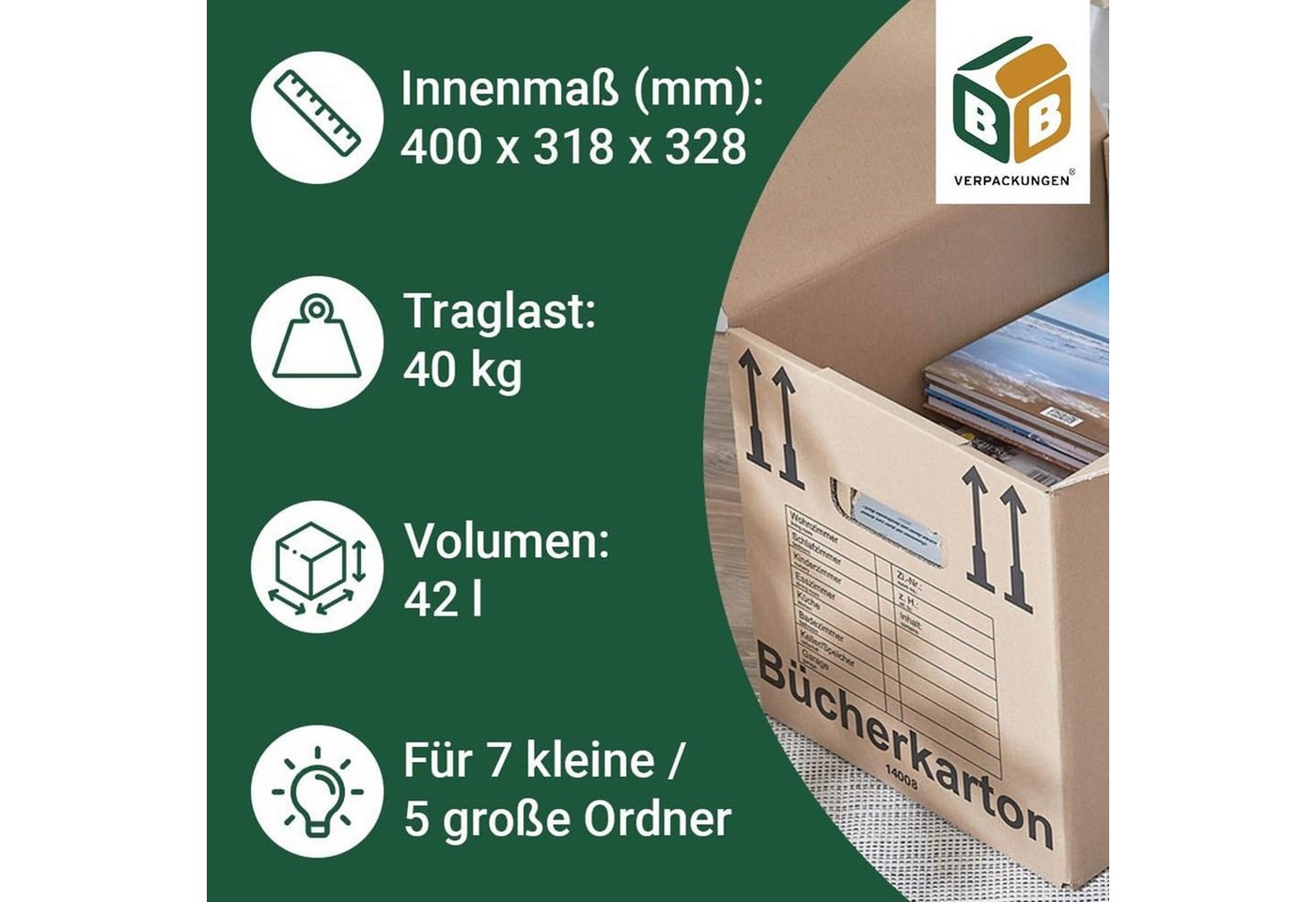 BB-Verpackungen Umzugskarton Bücherkarton Compact, 2-wellig, 40kg Traglast, 400 mm x 318 mm x 328 mm – Bild 4 von 5