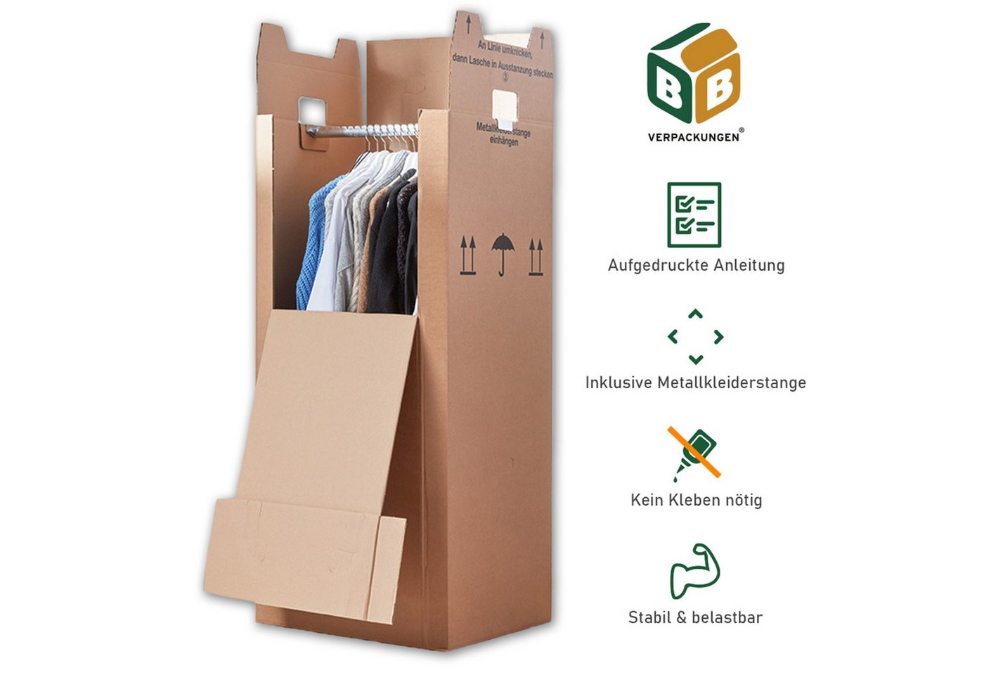 BB-Verpackungen Umzugskarton Kleiderbox, 2-wellig, 40kg Traglast, 600 mm x 510 mm x 1350 mm – Bild 2 von 5