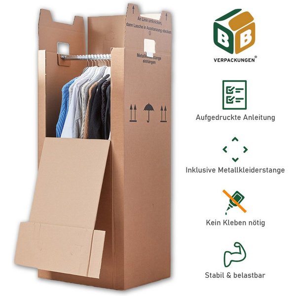 BB-Verpackungen Umzugskarton Kleiderbox, 2-wellig, 40kg Traglast, 600 mm x 510 mm x 1350 mm