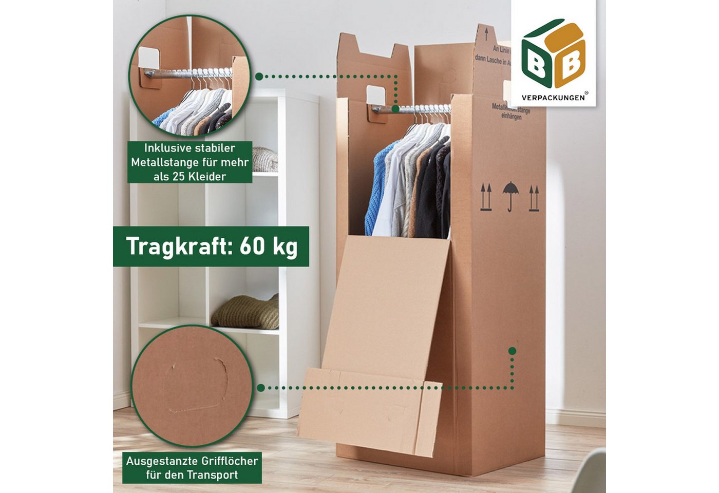BB-Verpackungen Umzugskarton Kleiderbox, 2-wellig, 40kg Traglast, 600 mm x 510 mm x 1350 mm – Bild 3 von 5