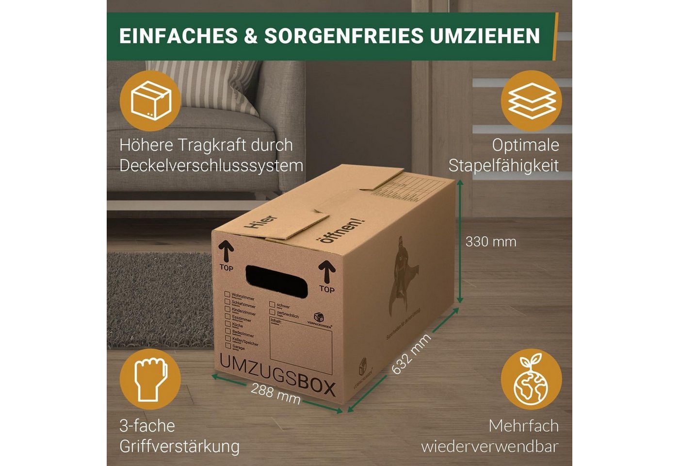 BB-Verpackungen Umzugskarton UMZUGSBOX, 2-wellig, 40kg Traglast, 632 mm x 288 mm x 330 mm – Bild 3 von 5