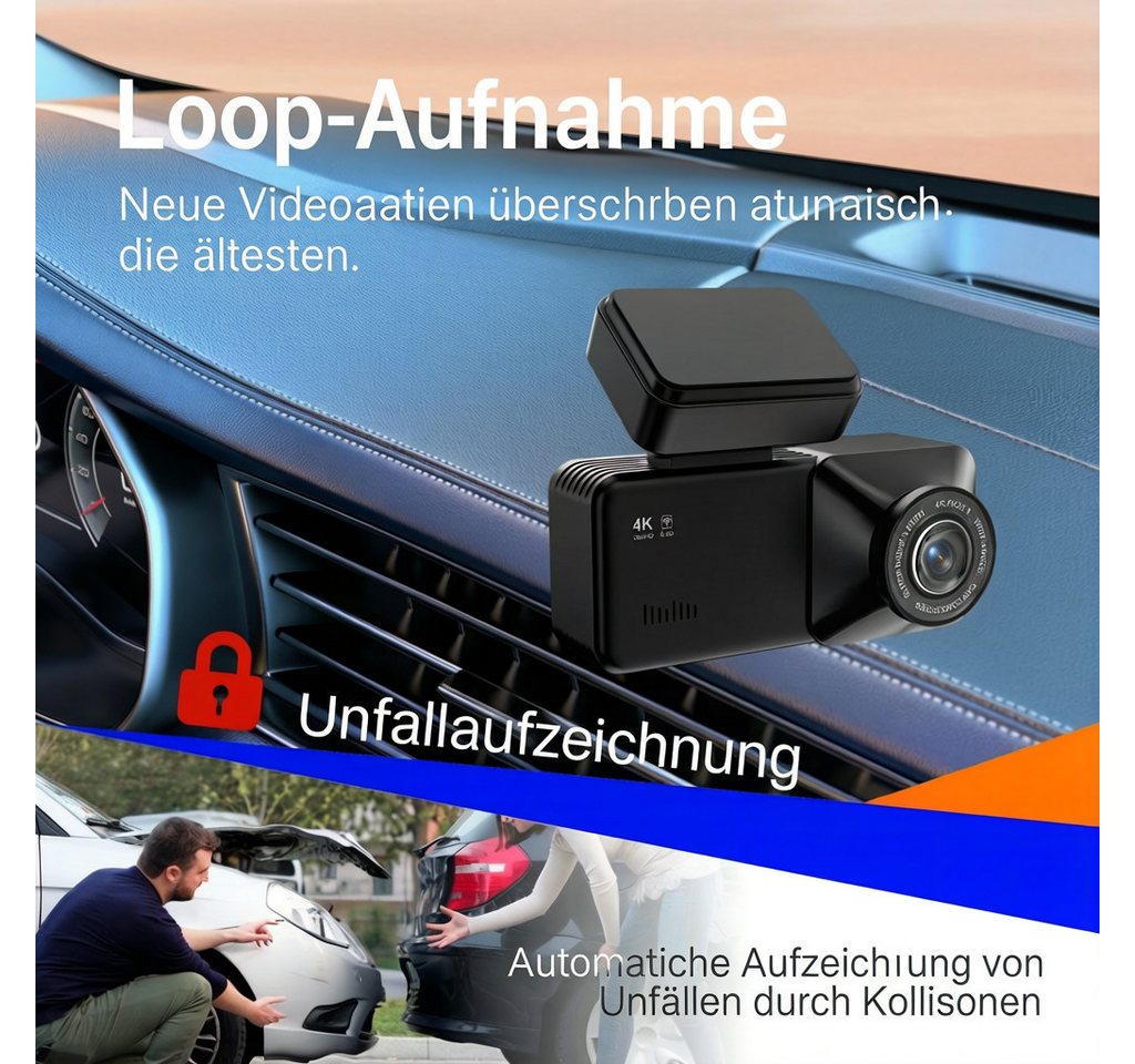 BBG 4K Dashcam mit WLAN & GPS, Front- und Rückkamera 4K+1080P Dashcam (4K UHD, Full HD, 3.16 Zoll IPS Display, WDR Nachtsicht, 170° Weitwinkel, App-Steuerung, L – Bild 2 von 5
