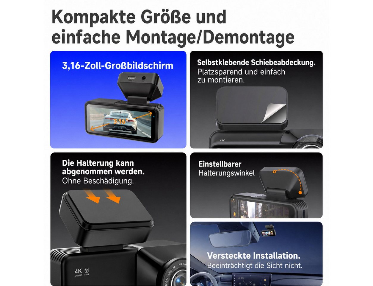 BBG 4K Dashcam mit WLAN & GPS, Front- und Rückkamera 4K+1080P Dashcam (4K UHD, Full HD, 3.16 Zoll IPS Display, WDR Nachtsicht, 170° Weitwinkel, App-Steuerung, L – Bild 5 von 5