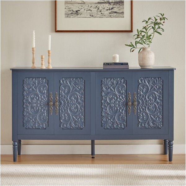 BBG Anrichte Sideboard mit Relief-Schnitzdekor, 160 cm breit, großzügigem Stauraum, Vintage-Aufbewahrungsschrank mit Türen, abgerundeten Kanten
