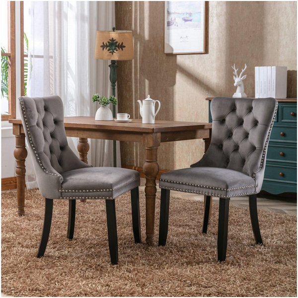 BBG Esszimmerstuhl 2er Set Esszimmerstühle Samt Chesterfield, bis 130 kg, French Style (Polsterstühle mit Knopfheftung & Ziernieten, Massivholz Rubberwood, 2 St