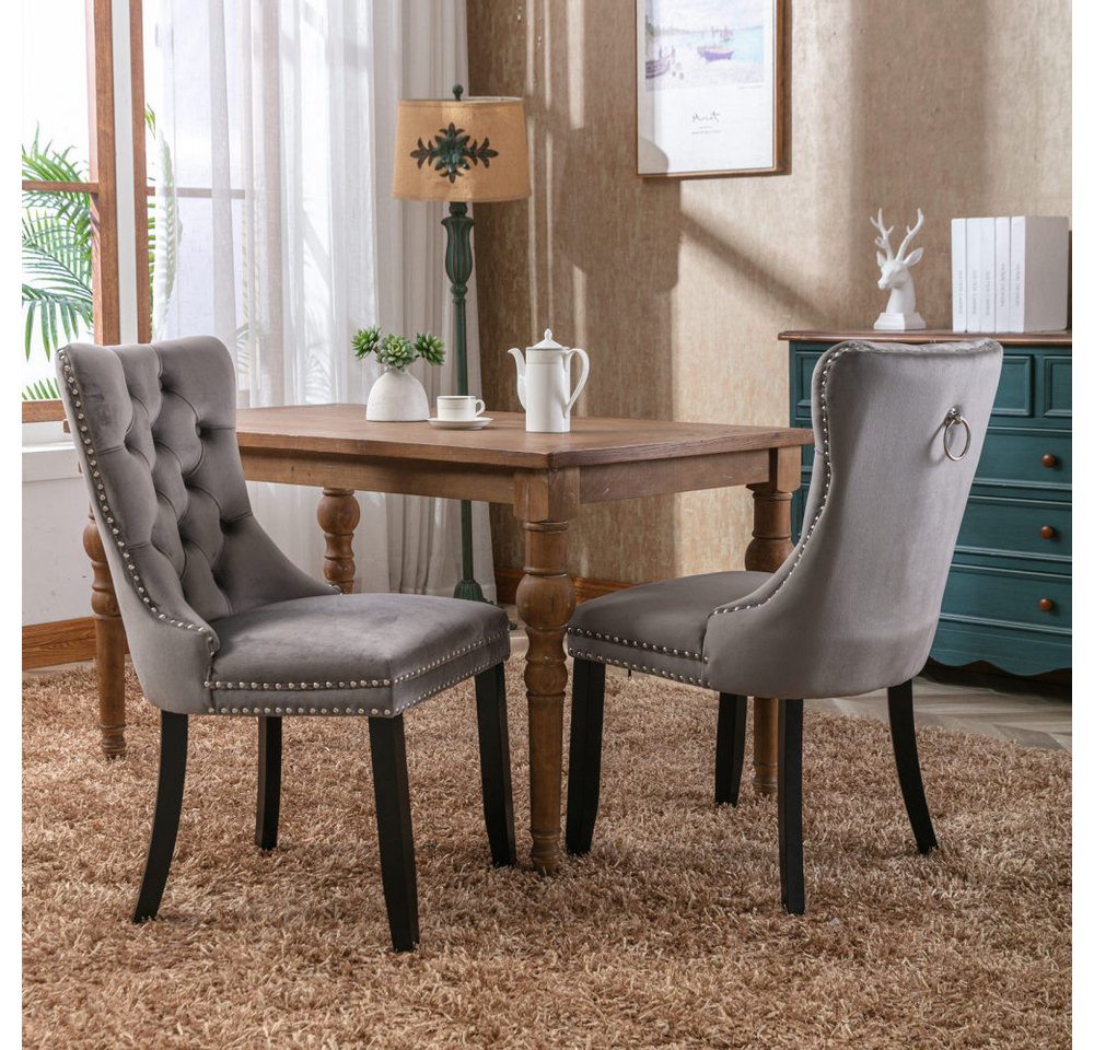BBG Esszimmerstuhl 2er Set Esszimmerstühle Samt Chesterfield, bis 130 kg, French Style (Polsterstühle mit Knopfheftung & Ziernieten, Massivholz Rubberwood, 2 St – Bild 2 von 5
