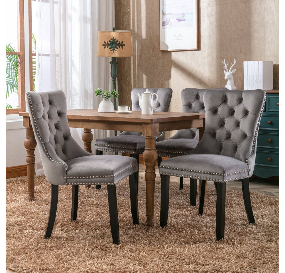 BBG Esszimmerstuhl 2er Set Esszimmerstühle Samt Chesterfield, bis 130 kg, French Style (Polsterstühle mit Knopfheftung & Ziernieten, Massivholz Rubberwood, 2 St – Bild 3 von 5