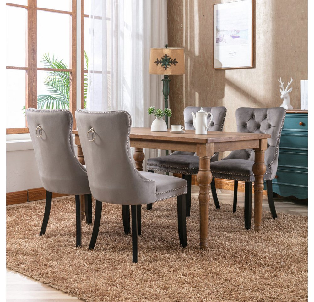 BBG Esszimmerstuhl 2er Set Esszimmerstühle Samt Chesterfield, bis 130 kg, French Style (Polsterstühle mit Knopfheftung & Ziernieten, Massivholz Rubberwood, 2 St – Bild 4 von 5