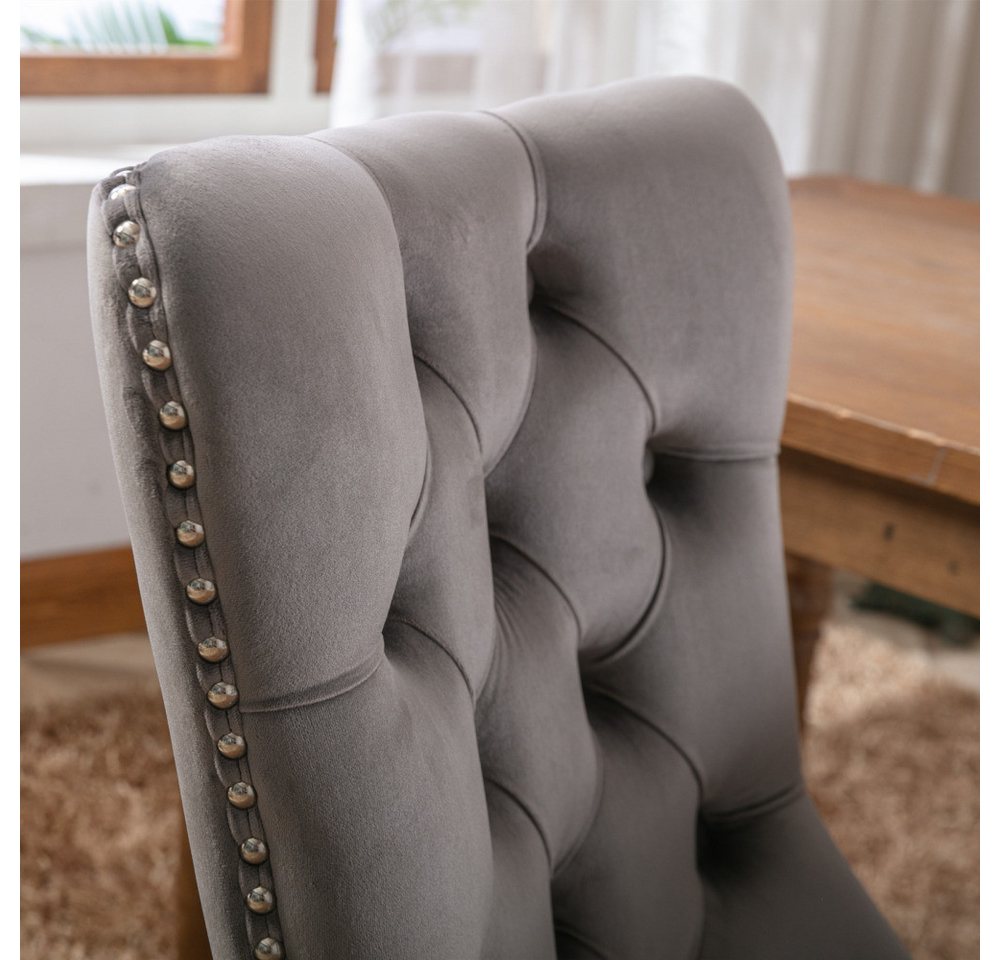 BBG Esszimmerstuhl 2er Set Esszimmerstühle Samt Chesterfield, bis 130 kg, French Style (Polsterstühle mit Knopfheftung & Ziernieten, Massivholz Rubberwood, 2 St – Bild 5 von 5