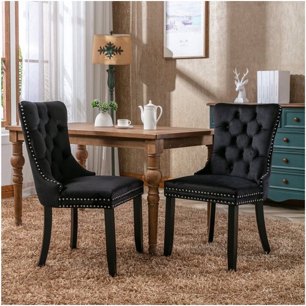 BBG Esszimmerstuhl 2er Set Esszimmerstühle Samt Chesterfield, bis 130 kg, French Style (Polsterstühle mit Knopfheftung & Ziernieten, Massivholz Rubberwood, 2 St
