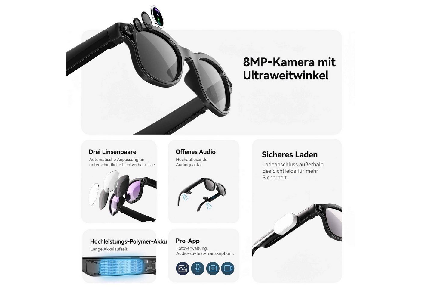 BBG LED-Brille Smart Glasses mit 8MP Kamera, Bluetooth 5.4, AI-Sprachassistent Open-Ear Audio, Wechselgläser, kabelloses Laden, für Android & iOS – Bild 3 von 5