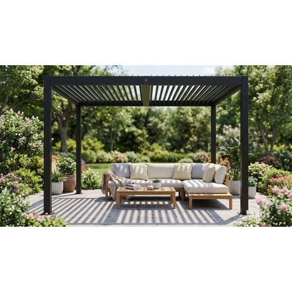 BBG Pavillon Aluminium Eisen Lamellendach mit stabilen 100x100mm Pfosten, (pulverbeschichtetem Rahmen und wetterfesten Eisen-Lamellen für langlebigen Sonnenschu
