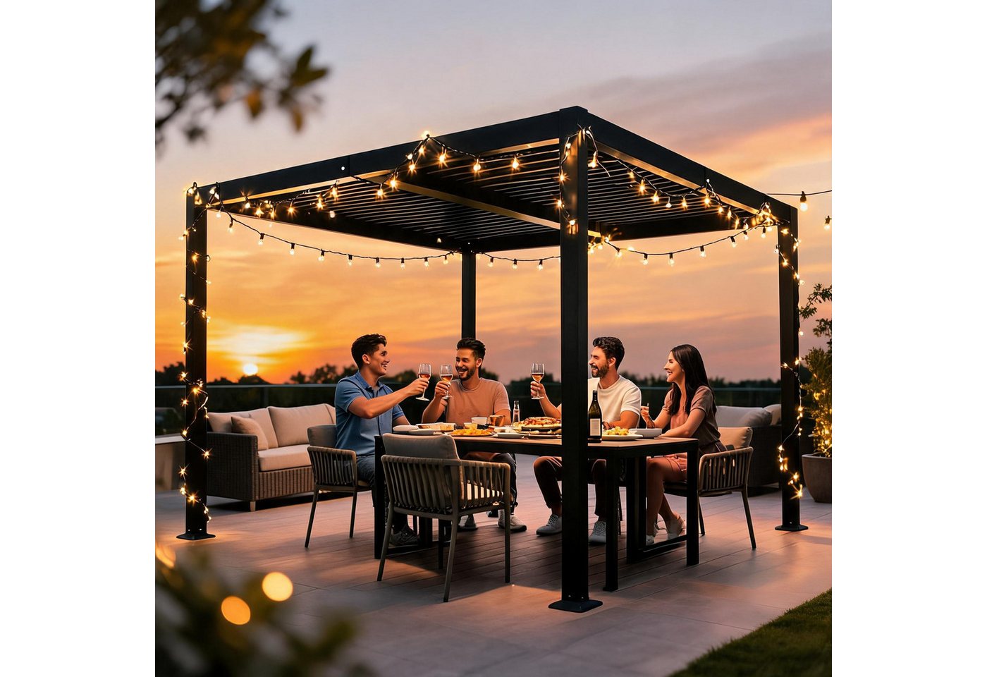 BBG Pavillon Aluminium Eisen Lamellendach mit stabilen 100x100mm Pfosten, (pulverbeschichtetem Rahmen und wetterfesten Eisen-Lamellen für langlebigen Sonnenschu – Bild 2 von 5