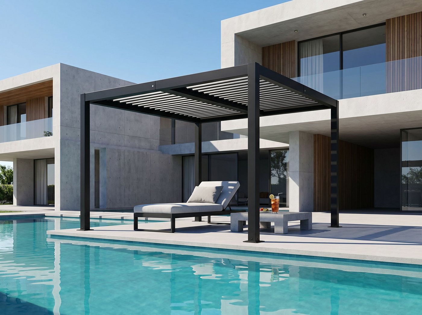 BBG Pavillon Aluminium Eisen Lamellendach mit stabilen 100x100mm Pfosten, (pulverbeschichtetem Rahmen und wetterfesten Eisen-Lamellen für langlebigen Sonnenschu – Bild 3 von 5