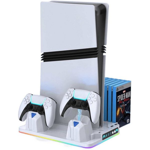 BBG PS5-Kühlständer für PS5, PS5 Slim & PS5 Pro, Digital und Disc-Edition Ladestation (Ladestation mit 2 Controller-Ladeplätze, 8 RGB-Modi, Aufbewahrung für bis