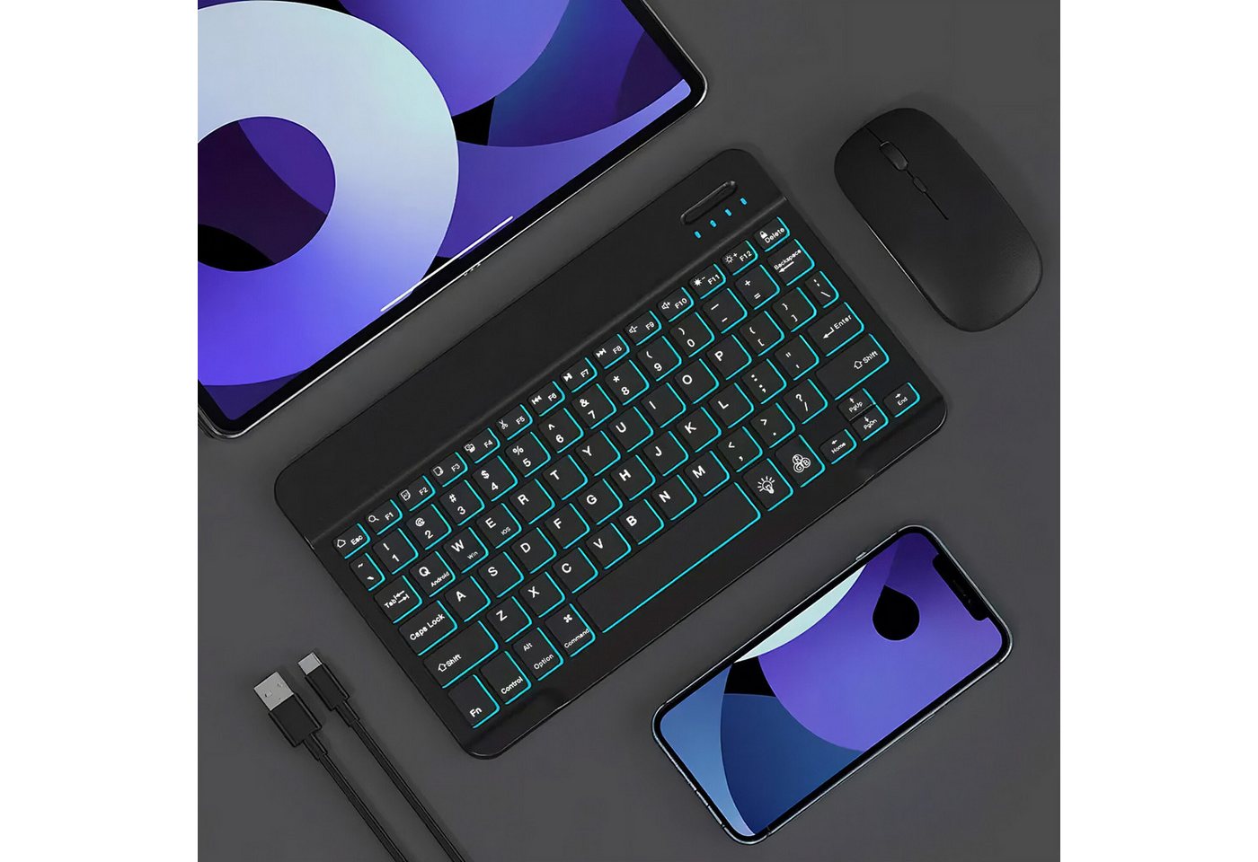 BBG RGB Bluetooth Tastatur mit Maus Set, Kabellos, Wiederaufladbar Ultra-Slim-Bluetooth-Tastatur (Leise Beleuchtet, Multi-Device, Deutsches Layout QWERTZ) – Bild 2 von 5