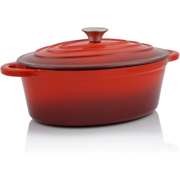 BBQ-Toro Bräter Gusseisen Cocotte, 4,3 l, rot, oval, Emaillierter Gusseisen Bräter, Gusseisen