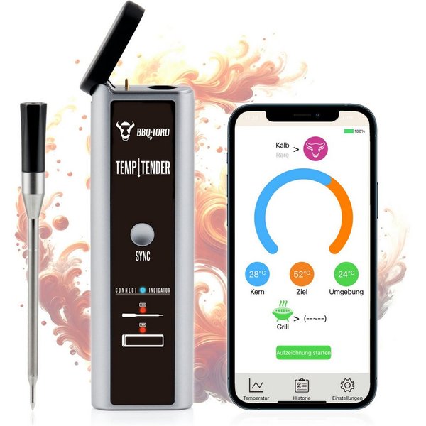 BBQ-Toro Grillthermometer TempTender, kabelloses Grillthermometer inkl. Ladebox mit App, 3-tlg.