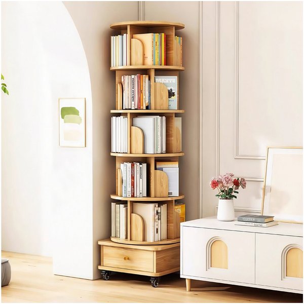 BBWL Bücherregal mit 6 Ebenen, Schublade und Rollen, platzsparender Bücherturm, Drehbares Bücherregal 360° aus MDF, für kleine Räume