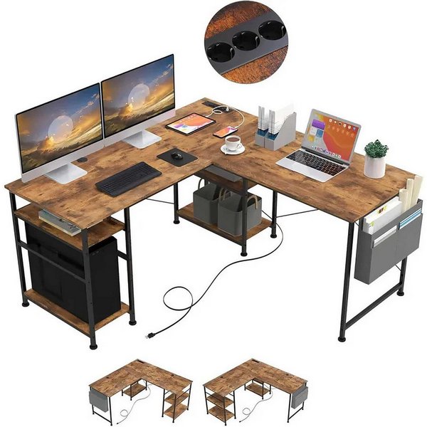 BBWL Computertisch 140x140 cm mit 3 Steckdosen & 2 USB, höhenverstellbare Ablage, 150 kg Belastbarkeit, 2 Aufbauvarianten, für Büro & Gaming