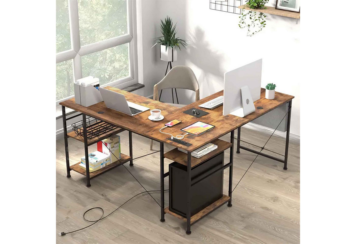 BBWL Computertisch 140x140 cm mit 3 Steckdosen & 2 USB, höhenverstellbare Ablage, 150 kg Belastbarkeit, 2 Aufbauvarianten, für Büro & Gaming – Bild 3 von 5