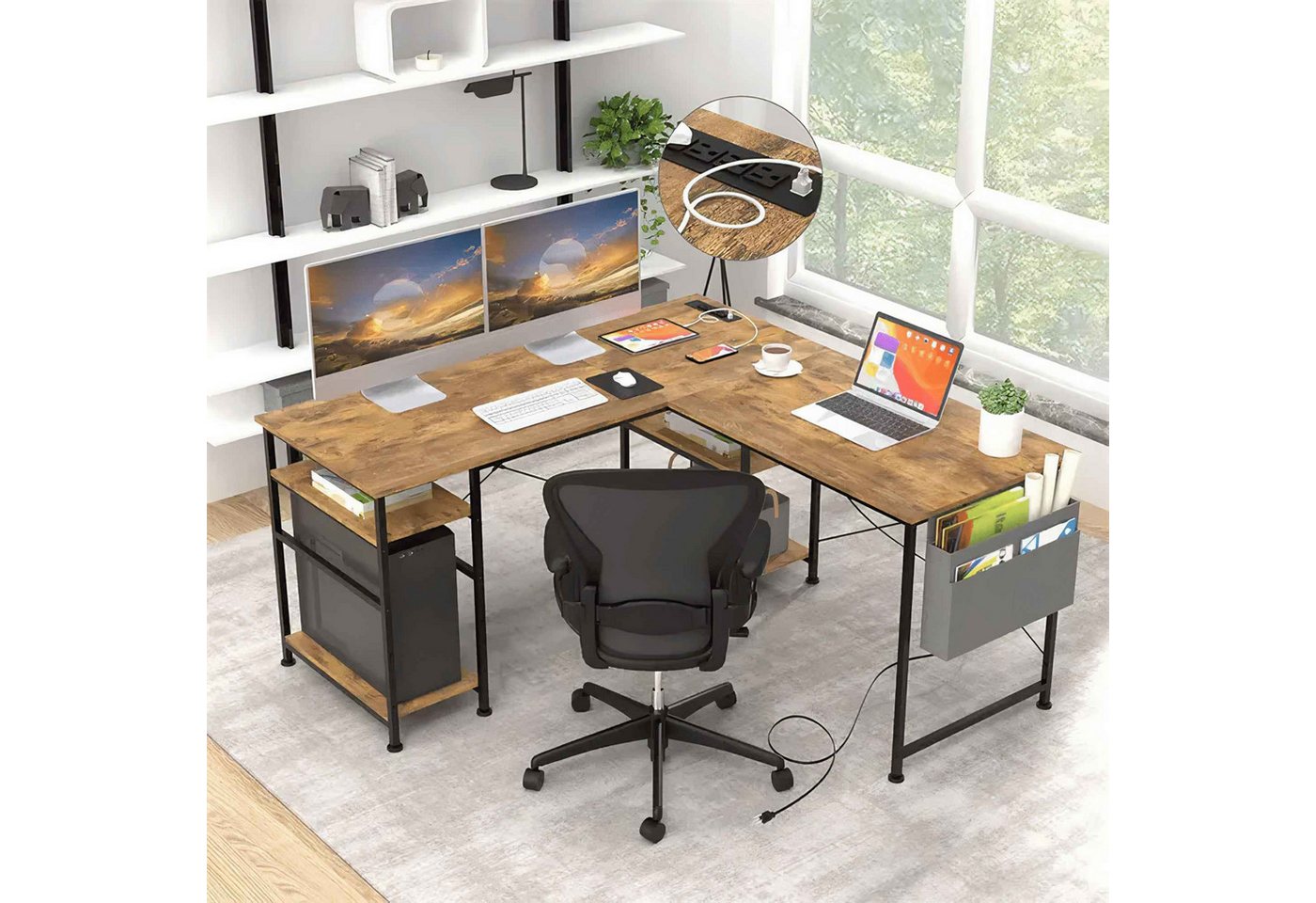BBWL Computertisch 140x140 cm mit 3 Steckdosen & 2 USB, höhenverstellbare Ablage, 150 kg Belastbarkeit, 2 Aufbauvarianten, für Büro & Gaming – Bild 4 von 5