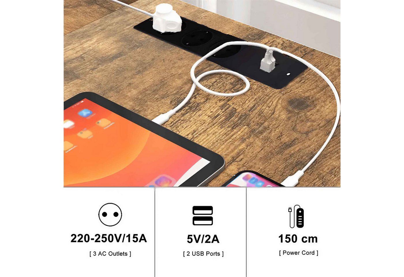 BBWL Computertisch 140x140 cm mit 3 Steckdosen & 2 USB, höhenverstellbare Ablage, 150 kg Belastbarkeit, 2 Aufbauvarianten, für Büro & Gaming – Bild 5 von 5
