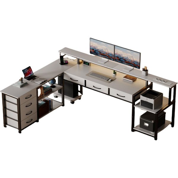 BBWL Computertisch Computer Schreibtisch aus P2 Spanplatte mit 7 Stoffschubladen (stabilem Metallgestell, RGB LED Beleuchtung, Steckdose 3AC+2USB und flexiblem 