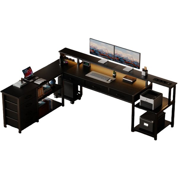 BBWL Computertisch Computer Schreibtisch aus P2 Spanplatte mit 7 Stoffschubladen (stabilem Metallgestell, RGB LED Beleuchtung, Steckdose 3AC+2USB und flexiblem 