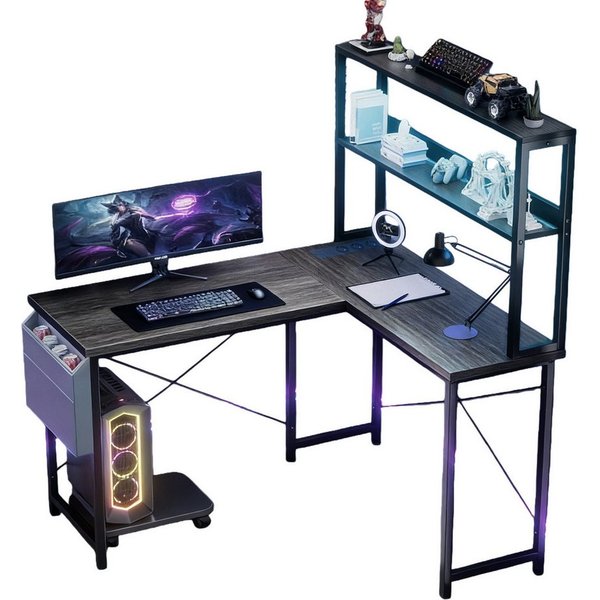 BBWL Computertisch Doppelstock-Computertisch mit RGB-LED, integrierter Steckdosenleiste, 135 × 100 × 75cm, PVC-Kanten und flexiblem PC-Halter