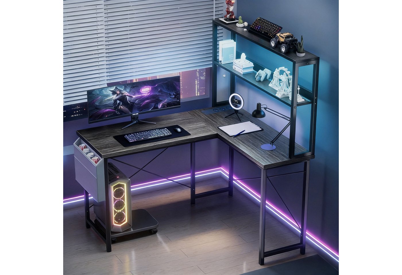 BBWL Computertisch Doppelstock-Computertisch mit RGB-LED, integrierter Steckdosenleiste, 135 × 100 × 75cm, PVC-Kanten und flexiblem PC-Halter – Bild 2 von 5