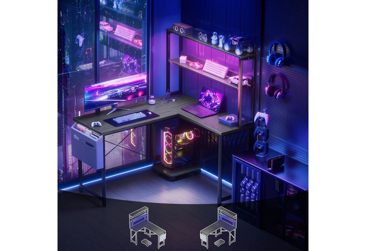 BBWL Computertisch Doppelstock-Computertisch mit RGB-LED, integrierter Steckdosenleiste, 135 × 100 × 75cm, PVC-Kanten und flexiblem PC-Halter – Bild 3 von 5