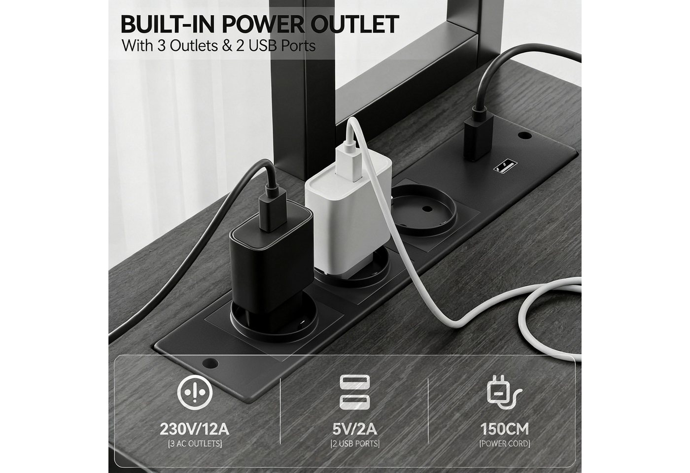 BBWL Computertisch Doppelstock-Computertisch mit RGB-LED, integrierter Steckdosenleiste, 135 × 100 × 75cm, PVC-Kanten und flexiblem PC-Halter – Bild 4 von 5
