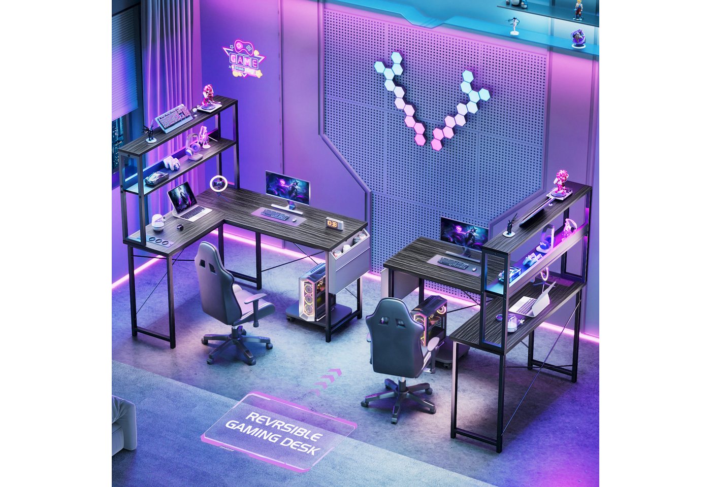 BBWL Computertisch Doppelstock-Computertisch mit RGB-LED, integrierter Steckdosenleiste, 135 × 100 × 75cm, PVC-Kanten und flexiblem PC-Halter – Bild 5 von 5