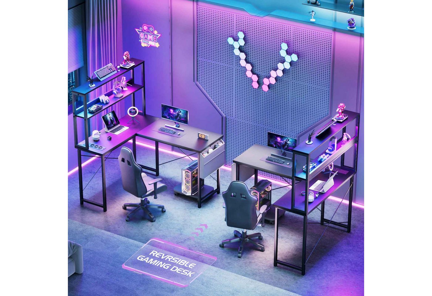 BBWL Computertisch Doppelstock-Computertisch mit RGB-LED, integrierter Steckdosenleiste, 135 × 100 × 75cm, PVC-Kanten und flexiblem PC-Halter – Bild 2 von 5