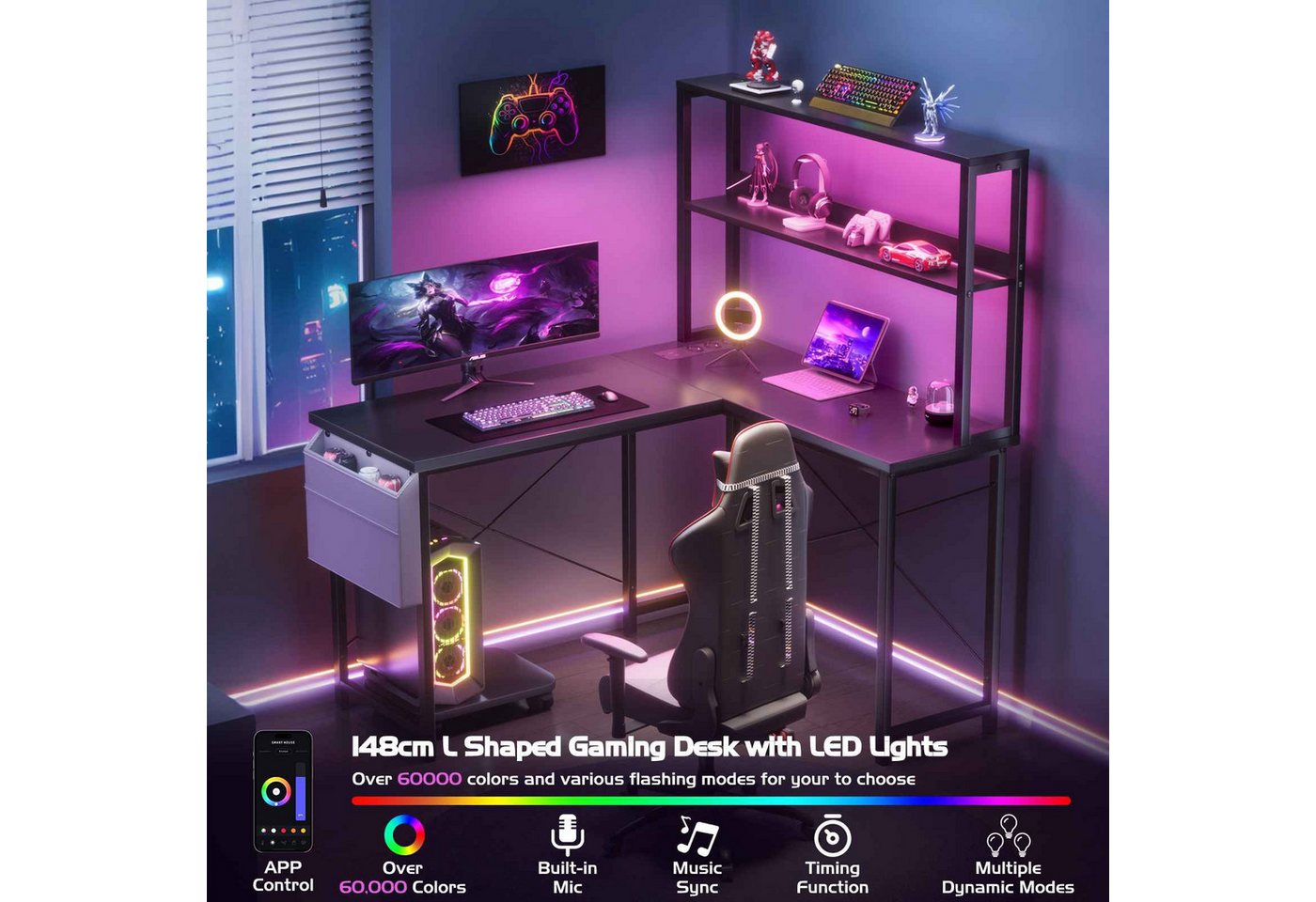 BBWL Computertisch Doppelstock-Computertisch mit RGB-LED, integrierter Steckdosenleiste, 135 × 100 × 75cm, PVC-Kanten und flexiblem PC-Halter – Bild 3 von 5