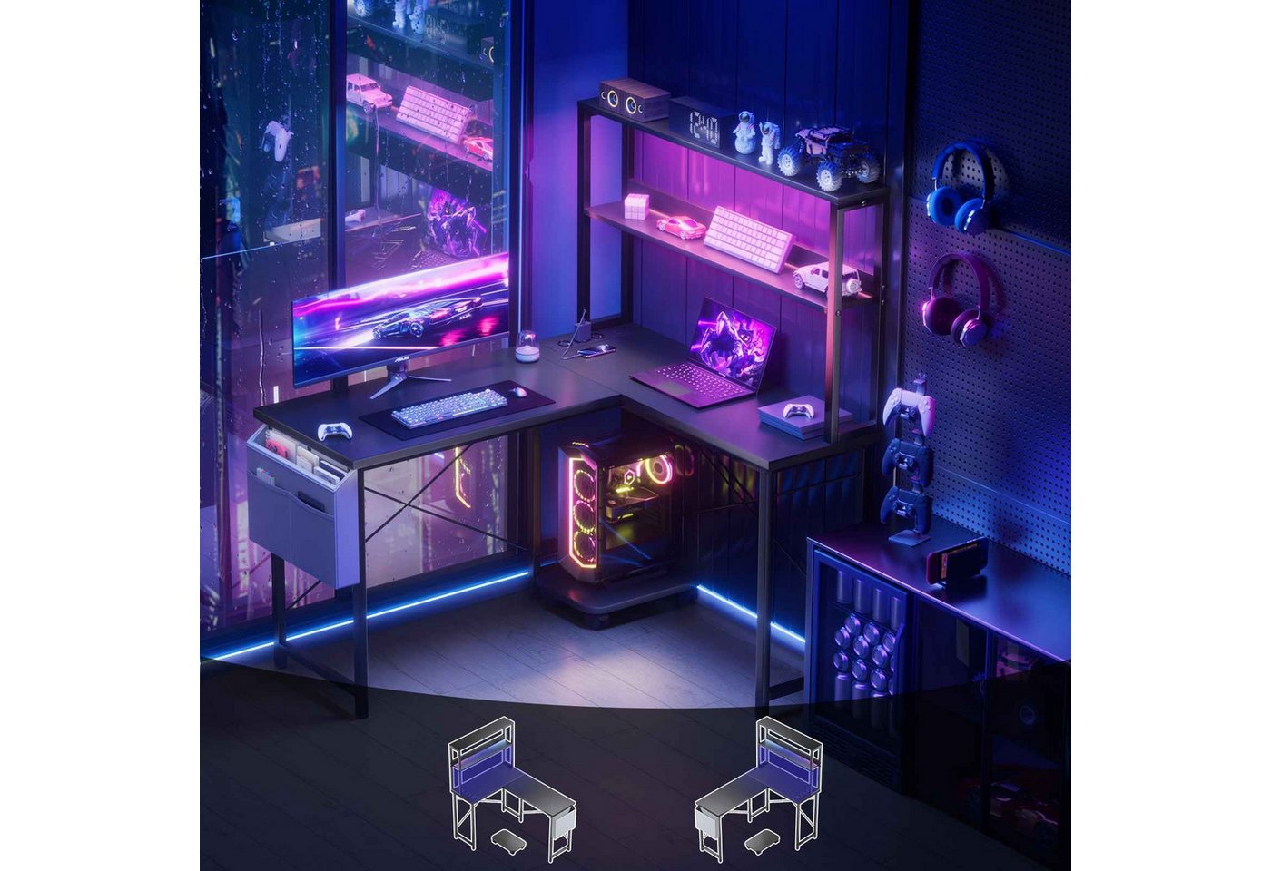 BBWL Computertisch Doppelstock-Computertisch mit RGB-LED, integrierter Steckdosenleiste, 135 × 100 × 75cm, PVC-Kanten und flexiblem PC-Halter – Bild 4 von 5