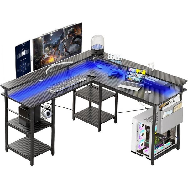 BBWL Computertisch L-förmiger Gaming-Schreibtisch mit LED, Steckdose, Monitorständer, 140 x 140 x 85 cm,mit Ablagefach, langer 2-Personen-Schreibtisch