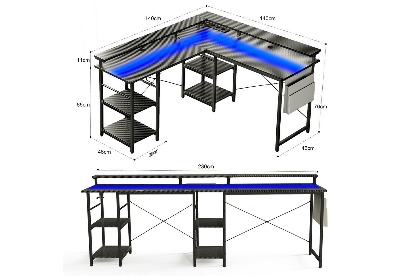 BBWL Computertisch L-förmiger Gaming-Schreibtisch mit LED, Steckdose, Monitorständer, 140 x 140 x 85 cm,mit Ablagefach, langer 2-Personen-Schreibtisch – Bild 2 von 5
