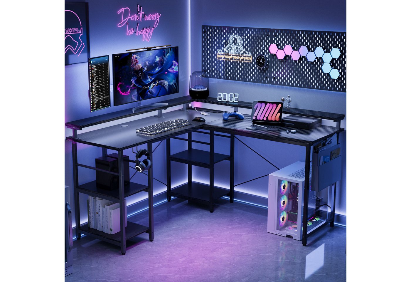 BBWL Computertisch L-förmiger Gaming-Schreibtisch mit LED, Steckdose, Monitorständer, 140 x 140 x 85 cm,mit Ablagefach, langer 2-Personen-Schreibtisch – Bild 4 von 5