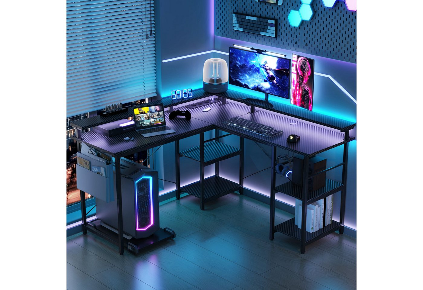 BBWL Computertisch L-förmiger Gaming-Schreibtisch mit LED, Steckdose, Monitorständer, 140 x 140 x 85 cm,mit Ablagefach, langer 2-Personen-Schreibtisch – Bild 5 von 5
