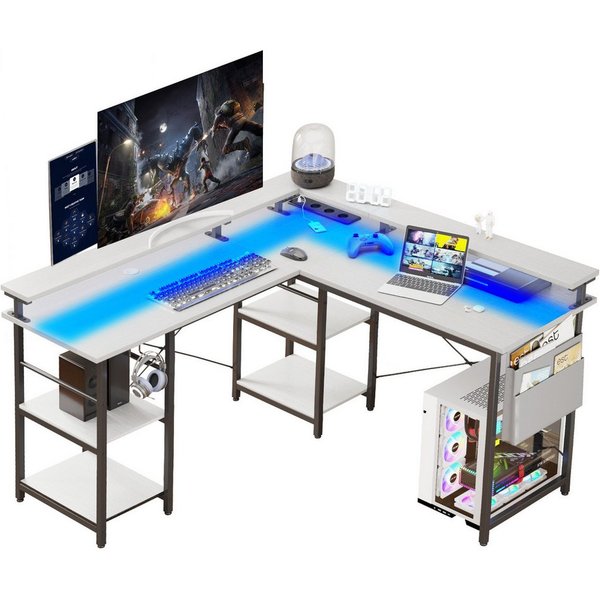BBWL Computertisch L-förmiger Gaming-Schreibtisch mit LED, Steckdose, Monitorständer, 140 x 140 x 85 cm,mit Ablagefach, langer 2-Personen-Schreibtisch