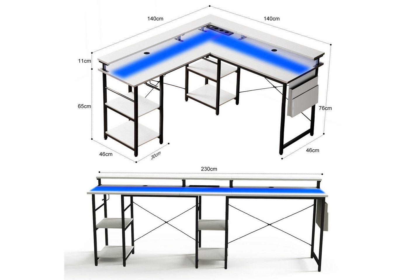 BBWL Computertisch L-förmiger Gaming-Schreibtisch mit LED, Steckdose, Monitorständer, 140 x 140 x 85 cm,mit Ablagefach, langer 2-Personen-Schreibtisch – Bild 2 von 5