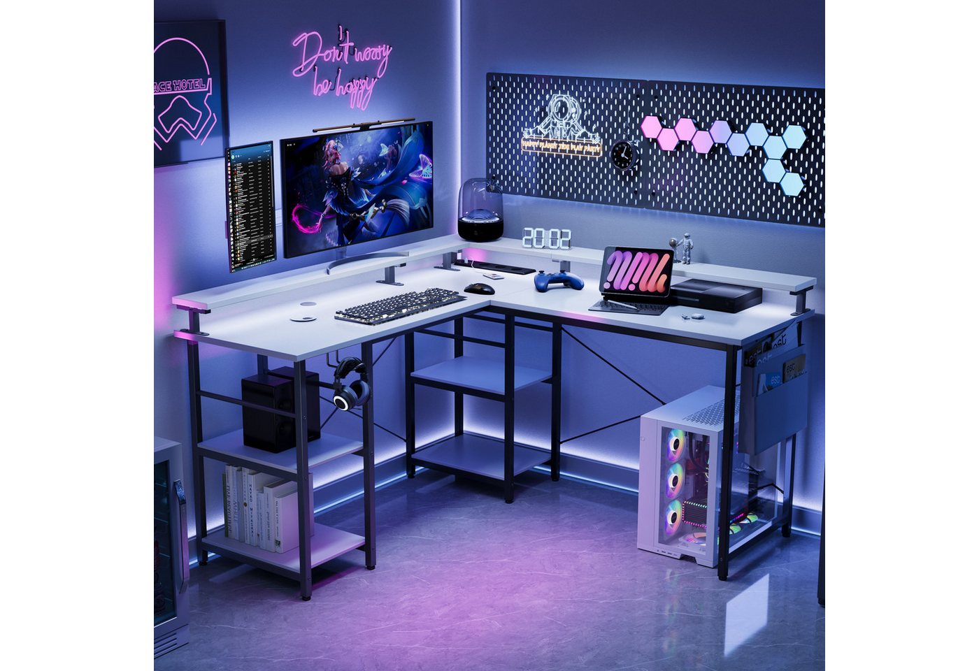 BBWL Computertisch L-förmiger Gaming-Schreibtisch mit LED, Steckdose, Monitorständer, 140 x 140 x 85 cm,mit Ablagefach, langer 2-Personen-Schreibtisch – Bild 3 von 5