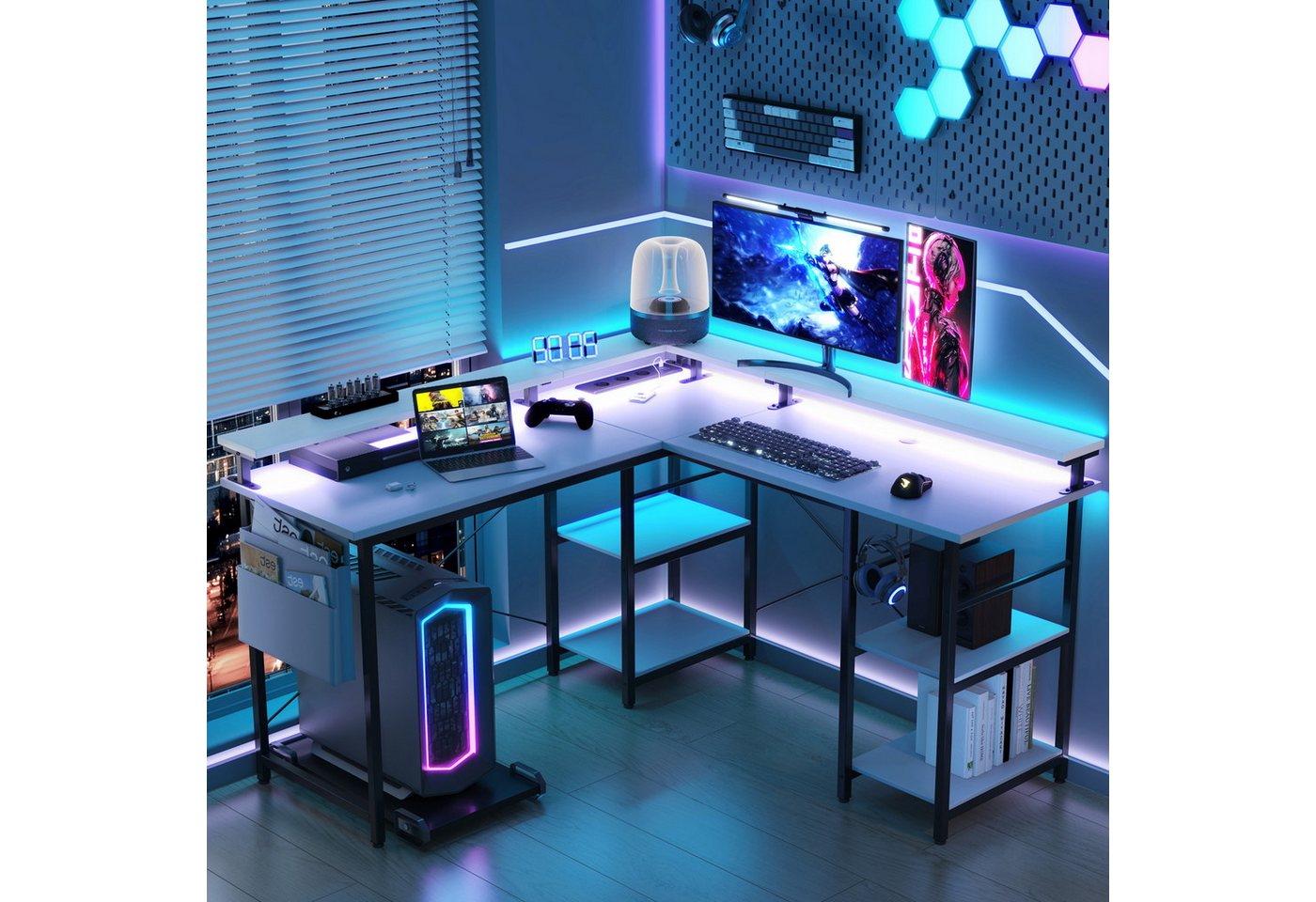 BBWL Computertisch L-förmiger Gaming-Schreibtisch mit LED, Steckdose, Monitorständer, 140 x 140 x 85 cm,mit Ablagefach, langer 2-Personen-Schreibtisch – Bild 4 von 5