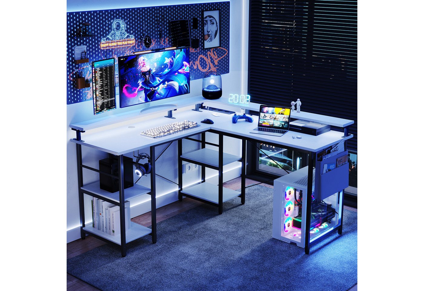 BBWL Computertisch L-förmiger Gaming-Schreibtisch mit LED, Steckdose, Monitorständer, 140 x 140 x 85 cm,mit Ablagefach, langer 2-Personen-Schreibtisch – Bild 5 von 5